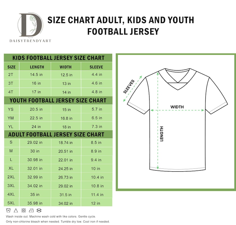 May include: Size chart for adult, kids, and youth football jerseys. The chart includes measurements for length, width, and sleeve length in inches. The chart is divided into kids, youth, and adult sizes, with a diagram of a jersey showing where the measurements are taken.