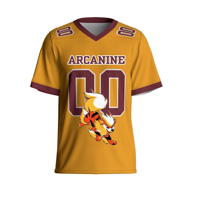 May include: Mustard yellow football jersey with maroon accents and the name "Arcanine" across the chest. The jersey features the number "00" in maroon and a cartoon image of Arcanine. The sleeves and collar are trimmed in maroon.