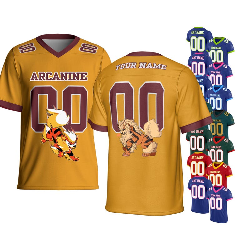 May include: Mustard yellow football jersey with maroon accents, featuring the name "ARCANINE" and the number "00". A cartoon Arcanine character is on the front. Additional jerseys in various colors are displayed.