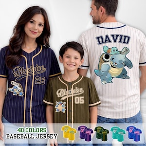 May include: Baseball jerseys in various colors, featuring the name "Blastoise" and the number 26, 05, and the name "David". The jerseys have a pinstripe design and a cartoon graphic of a turtle-like creature. The text "40 COLORS BASEBALL JERSEY" is also visible.