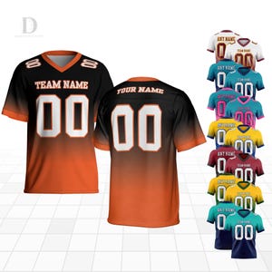 May include: Black and orange football jersey with the number "00" in white. The jersey has "TEAM NAME" printed above the number. Additional jerseys in various colors are displayed, each with "ANY NAME" and the number "00".