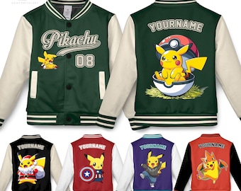 Aangepast Pikachu Pokemon Varsity-jack voor volwassenen kinderen jeugd 50 kleuren