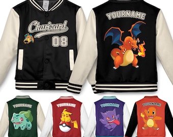 Custom Pokemon All Characters Varsity Jacket Adult Kids Youth Pikachu Charizard Mewtwo Gengar