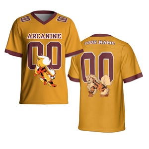 May include: Mustard yellow football jersey with maroon accents. The front features the word "Arcanine" above the number "00" and a cartoon illustration. The back has the text "YOUR NAME" above the number "00" and a different cartoon illustration.