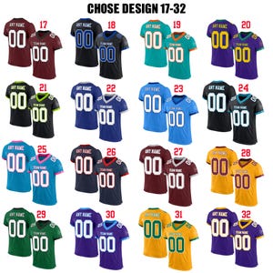 May include: A selection of football jerseys, each with a different color scheme and design. The jerseys feature the number "00" and the text "ANY NAME" or "TEAM NAME". The image includes jerseys in various colors, including red, black, blue, green, and gold.