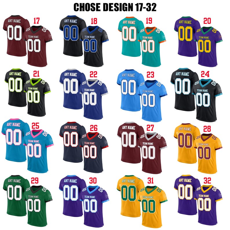 May include: A selection of football jerseys, each with a different color scheme and design. The jerseys feature the number "00" and the text "ANY NAME" or "TEAM NAME". The image includes jerseys in various colors, including red, black, blue, green, and gold.
