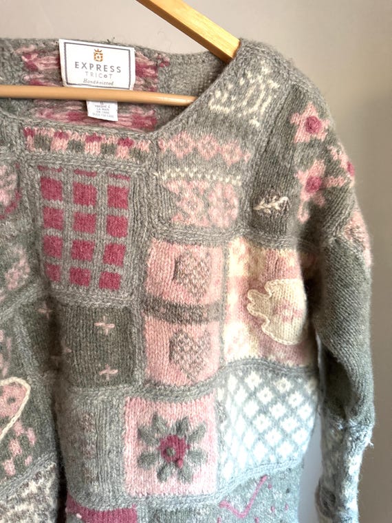Vintage Wool Hand Knit Patchwork Pullover Sweater… - image 3