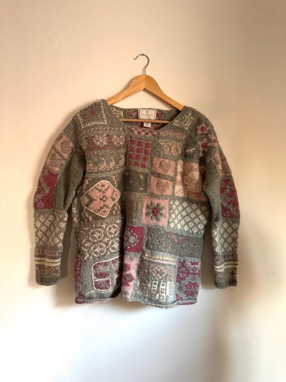 Vintage Wool Hand Knit Patchwork Pullover Sweater… - image 1