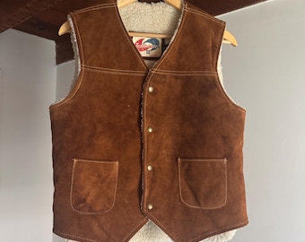 Vintage Camel Cowhide Leather Sherpa Lined Vest | Size S-M