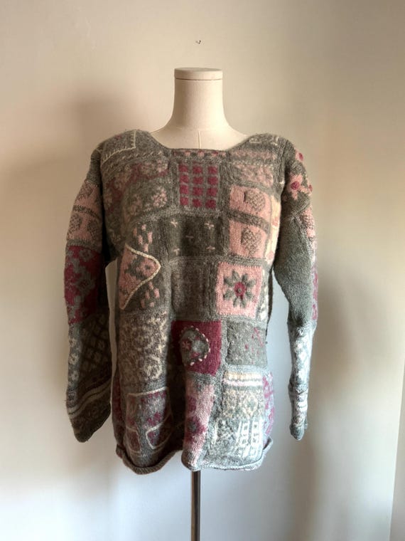 Vintage Wool Hand Knit Patchwork Pullover Sweater… - image 4