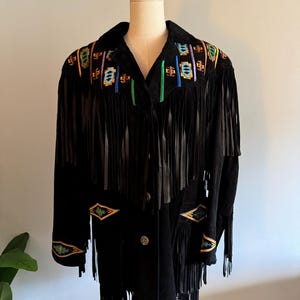 Vintage 1980s Black Suede Beaded Fringe Jacket | Boho Jacket | Hippie Jacket | Southwestern Jacket | Festival Outfit | Coachella Outfit