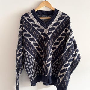 Vintage 90s Geometric Cotton Sweater: Navy Retro Knit, Made in USA