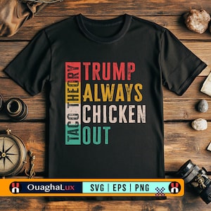 Taco Theorie SVG PNG, grappige taco's woordspeling ontwerp 'Trumps Always Chicken Out' – voedselhumor voor shirt of mok, digitale download voor Cricut