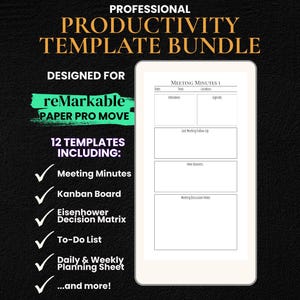 Könnte beinhalten: Ein digitales Vorlagenpaket für reMarkable-Tablets mit einer Vorlage für das Protokoll. Das Bild zeigt den Text "PROFESSIONAL PRODUCTIVITY TEMPLATE BUNDLE" und listet 12 Vorlagen auf, darunter ein Kanban-Board und eine To-Do-Liste.