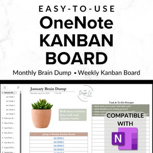 Könnte beinhalten: Digitales OneNote Kanban Board mit dem Text "EASY-TO-USE OneNote KANBAN BOARD". Der Bildschirm zeigt einen Abschnitt "January Brain Dump", eine kleine Topfpflanze und ein "COMPATIBLE WITH N"-Logo.