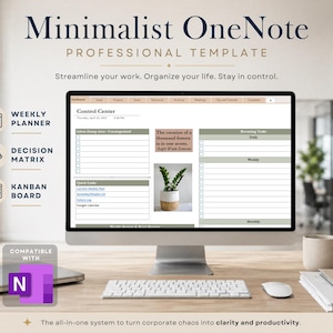 May include: A computer monitor displaying a digital OneNote professional template titled Minimalist OneNote. The screen shows a control centre dashboard with sections for a weekly planner, decision matrix, and kanban board, featuring soft green and beige tones.