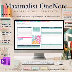 May include: A digital OneNote professional template displayed on a computer monitor, featuring a Control Centre dashboard with a weekly planner, decision matrix, and kanban board. The interface includes task lists, checkboxes, and floral graphics.