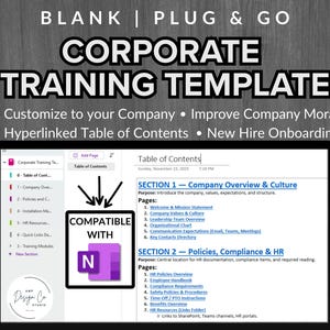 Pode incluir: Um modelo digital de treinamento corporativo exibido na tela de um laptop. O modelo inclui seções sobre visão geral da empresa, políticas e RH. Compatível com Microsoft OneNote, com o texto "BLANK | PLUG & GO" no topo.