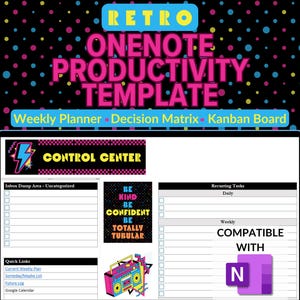 May include: A retro-themed digital template for OneNote productivity, featuring a weekly planner, decision matrix, and Kanban board. The design includes the text "CONTROL CENTER" and "BE KIND BE CONFIDENT BE TOTALLY TUBULAR". Compatible with OneNote.