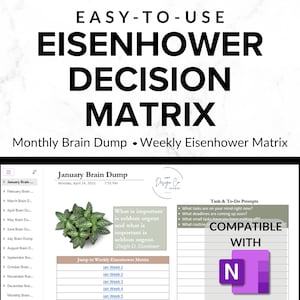 May include: A digital planner with the text "EASY-TO-USE EISENHOWER DECISION MATRIX." The screen displays a "January Brain Dump" layout with a plant image and text. It is compatible with the "N" app. The planner includes prompts and a weekly matrix.