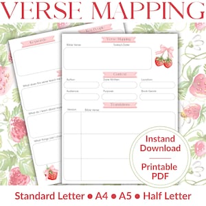 May include: Printable PDF verse mapping sheets with a strawberry theme. The sheets include sections for keywords, Bible verses, context, and translations. The design features a strawberry pattern and the text "Verse Mapping" and "Instant Download Printable PDF". Available in Standard Letter, A4, A5, and Half Letter sizes.
