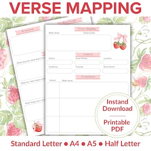 May include: White printable PDF verse mapping sheets with a strawberry theme. The sheets include sections for keywords, Bible verses, context, and translations. The text "VERSE MAPPING" is at the top. Available in Standard Letter, A4, A5, and Half Letter sizes.