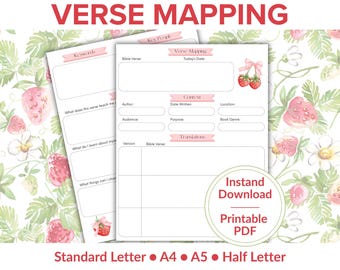 Verse Mapping, Bible Study Journal, Bible Study Guide, Bible Study Template, Bible Verse Mapping, Devotional Journal, Strawberry Cottagecore