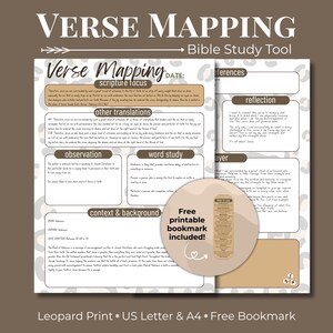 May include: A beige and white Verse Mapping Bible study tool with text boxes for scripture focus, other translations, and reflection. Includes a free printable bookmark. The background has a leopard print design.
