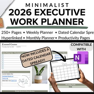 Könnte beinhalten: Ein digitaler 2026 Executive Work Planner mit minimalistischem Design. Der Planer enthält über 250 Seiten, einen Wochenplaner, einen datierten Kalender und einen Monatsplaner. Kompatibel mit Microsoft OneNote. Der Text "Internet Marketing" ist ebenfalls enthalten.