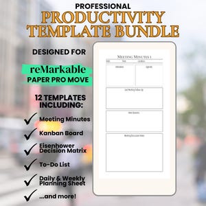 May include: Digital template bundle for reMarkable Paper Pro Move, with 12 templates including Meeting Minutes, Kanban Board, and Eisenhower Decision Matrix. The image shows a tablet with a meeting minutes template.