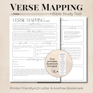 May include: A white printable Bible study tool titled "Verse Mapping" with sections for scripture focus, other translations, observation, word study, context, and background. Includes a free printable bookmark.