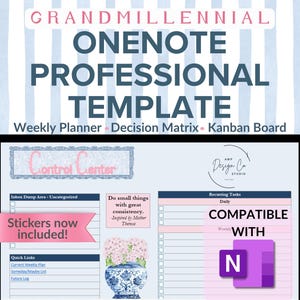 May include: A digital planner template for OneNote, featuring a weekly planner, decision matrix, and Kanban board. The design includes a control center, inbox, and recurring tasks sections. The template is compatible with OneNote and includes stickers.