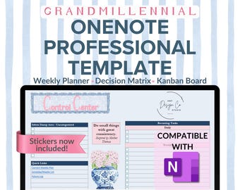 May include: A digital planner template for OneNote, featuring a weekly planner, decision matrix, and Kanban board. The design includes a control center, inbox, and recurring tasks sections. The template is compatible with OneNote and includes stickers.
