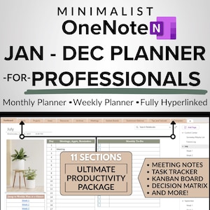 May include: A digital planner for OneNote, labelled "JAN - DEC PLANNER -FOR-PROFESSIONALS." The image shows a laptop screen displaying a planner interface with sections for monthly and weekly planning, and features like meeting notes and task tracking.