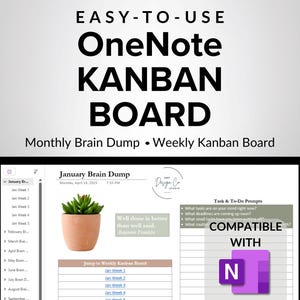 Op de afbeelding: Een digitaal Kanban-bord weergegeven op een tabletscherm. Het scherm toont een "January Brain Dump"-lay-out met een kleine potplant. Tekst bevat "Easy-to-Use OneNote Kanban Board" en "Compatible with N".