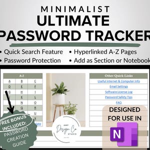 OneNote-mall för lösenordsspårning, lösenordslista för OneNote-mall, digital lösenordsförvaringsbok, OneNote-planeringsmall för lösenordshanterare