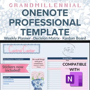 May include: A digital template for OneNote, featuring a weekly planner, decision matrix, and Kanban board. The design includes a floral background and the text "GRANDMILLENNIAL ONENOTE PROFESSIONAL TEMPLATE". The template is compatible with OneNote and includes stickers.
