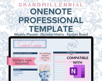 May include: A digital template for OneNote, featuring a weekly planner, decision matrix, and Kanban board. The design includes a floral background and the text "GRANDMILLENNIAL ONENOTE PROFESSIONAL TEMPLATE". The template is compatible with OneNote and includes stickers.