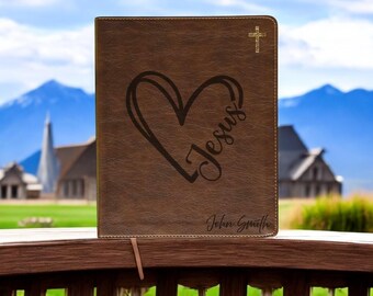 Heart Jesus Journal Bible – Personalized Engraved NIV Bible, Christian Gift for Women, Leather Scripture Notebook with Custom Name