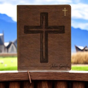 Large Cross Journal Bible – Personalized Christian Gift with Name – Engraved Leather Bible for Men or Women – Custom Faith Journal