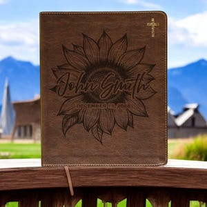 Custom Name Journal Bible – Personalized Sunflower Engraved Leather Bible with Name and Date – Graduation or Special Occasion Gift
