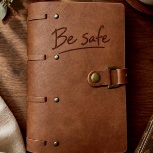 May include: A brown leather-like journal featuring the embossed text Be safe on the front cover. The journal includes a side strap with a brass-coloured metal snap closure and four decorative brass-coloured rivets along the spine edge.