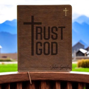 Personalized Trust God Journal Bible – Engraved Brown Leather Graduation Gift for Him or Her – Custom Christian Bible with Cross