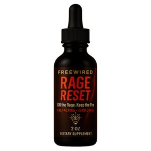 May include: A black bottle of "Rage Reset" dietary supplement with a dropper. The label features the text "FREEWIRED" at the top, with "RAGE RESET" in large red letters. Below, it reads "Kill the Rage. Keep the Fire" and "FAST-ACTING - ZERO CRASH".