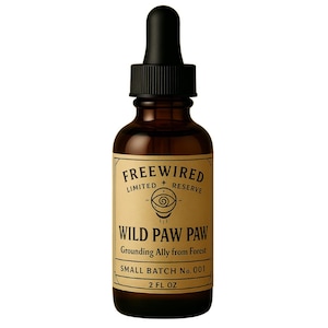 May include: A brown glass bottle with a black dropper top. The label reads "FREEWIRED LIMITED + RESERVE" and "WILD PAW PAW Grounding Ally from Forest." The bottle is labeled "SMALL BATCH No. 001" and "2 FL OZ."