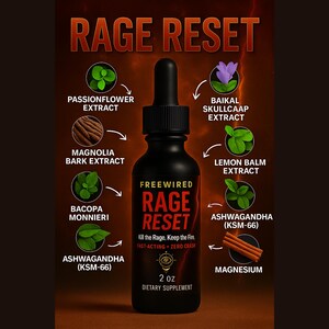 May include: A black bottle of "Rage Reset" dietary supplement with a dropper, surrounded by illustrations of herbal extracts. The label includes the text "Kill the Rage, Keep the Fire, Fast-Acting + Zero Crash". The bottle contains 2 oz of the supplement.
