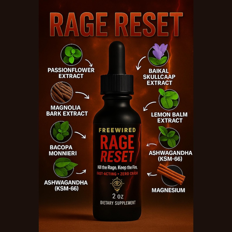 May include: A black bottle of "Rage Reset" dietary supplement with a dropper, surrounded by illustrations of herbal extracts. The label includes the text "Kill the Rage, Keep the Fire, Fast-Acting + Zero Crash". The bottle contains 2 oz of the supplement.