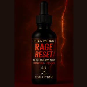 May include: A black 2 oz dietary supplement bottle with a dropper. The label reads "FREEWIRED RAGE RESET" in red and white text. Additional text includes "Kill the Rage. Keep the Fire" and "FAST-ACTING - ZERO CRASH."