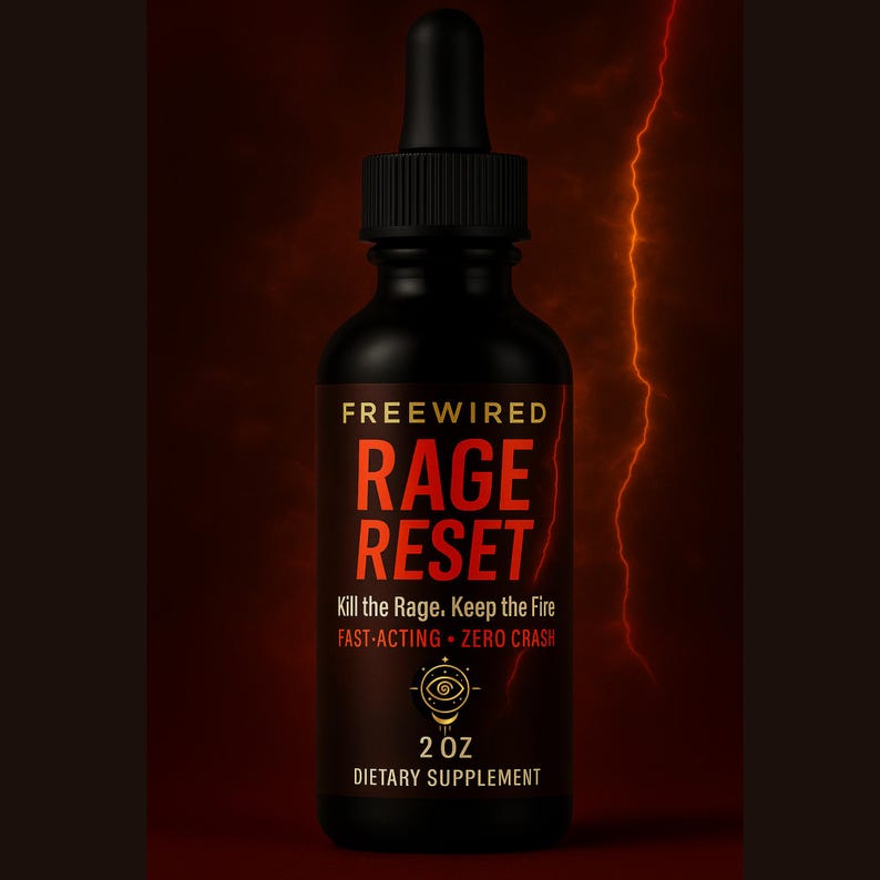 May include: A black 2 oz dietary supplement bottle with a dropper. The label reads "FREEWIRED RAGE RESET" in red and white text. Additional text includes "Kill the Rage. Keep the Fire" and "FAST-ACTING - ZERO CRASH."