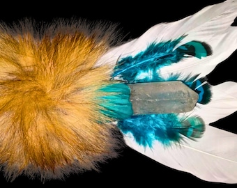 Shamanic Quartz Copper Wand with Fox Tail & Feathers